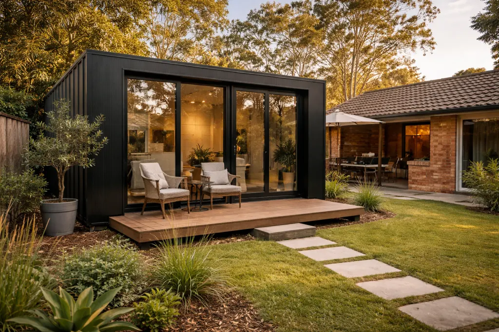 A modern black flat-pack studio pod in an Australian backyard