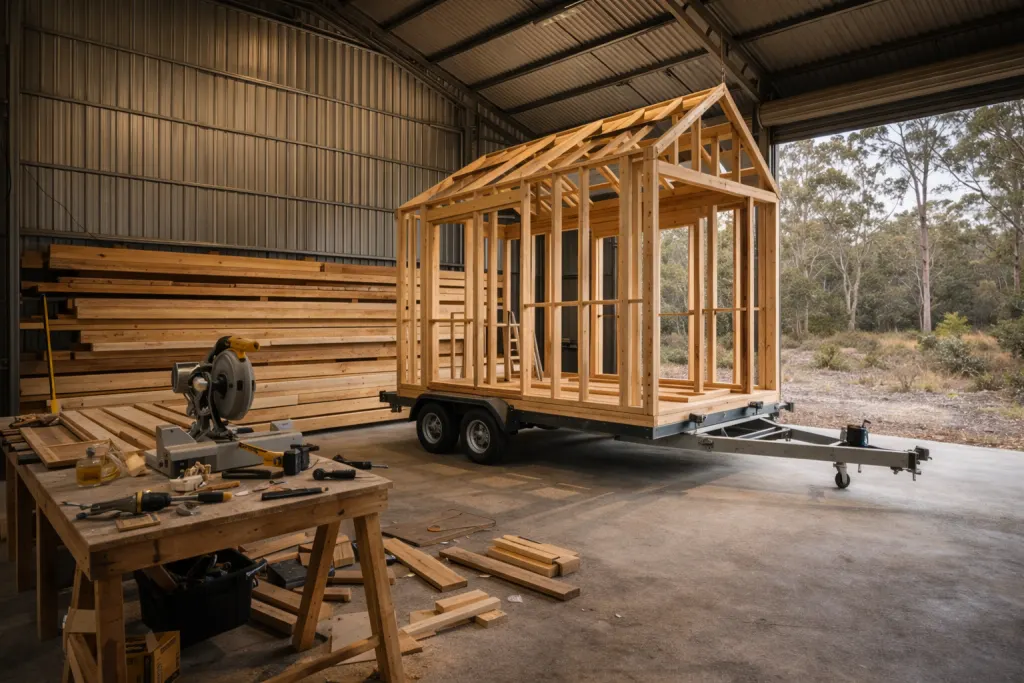 A tiny home builder's workshop with a frame in progress