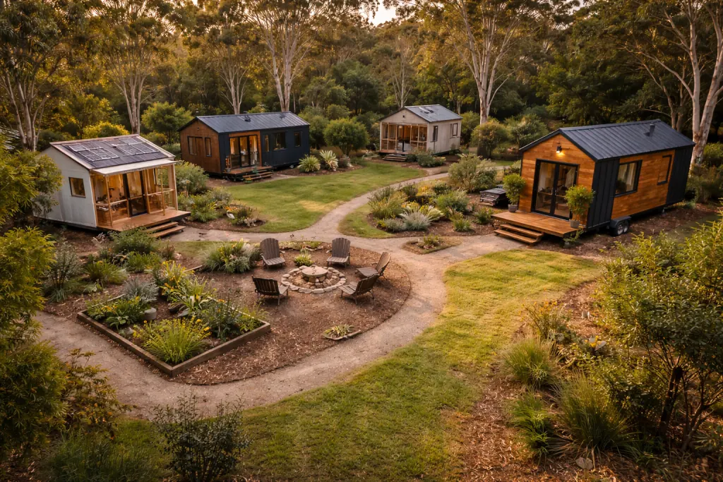 A cluster of tiny homes in a community setting