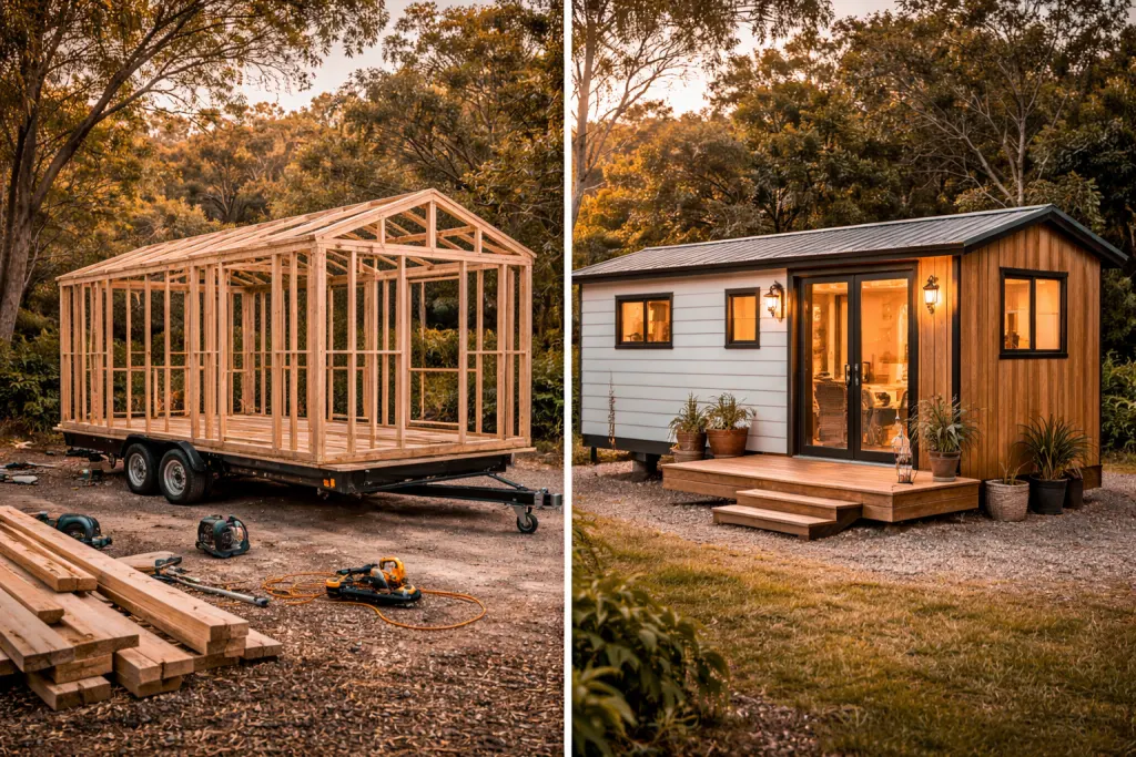 DIY build versus finished turnkey tiny home side by side