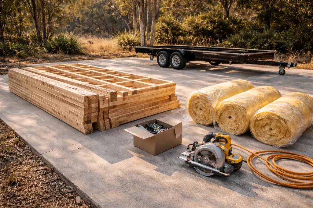 Building materials laid out ready for a DIY tiny home build