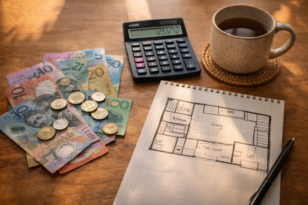 Budget planning for a tiny home with Australian currency and floor plans