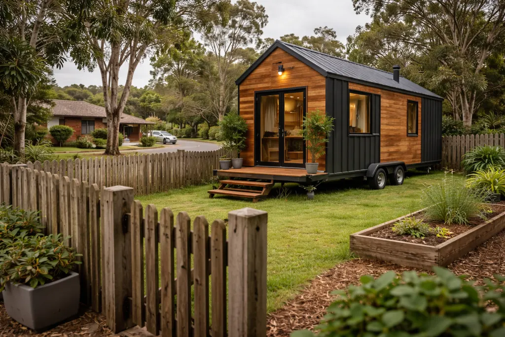 A tiny home on wheels parked on a suburban lot