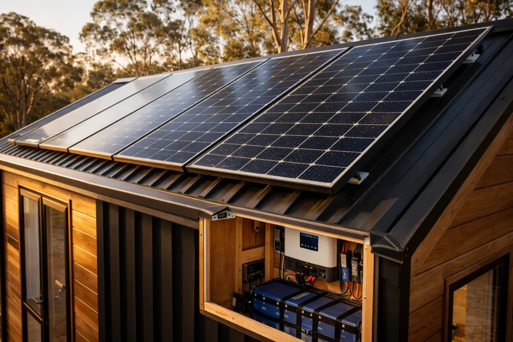 Solar panels and battery setup on a tiny home at sunset