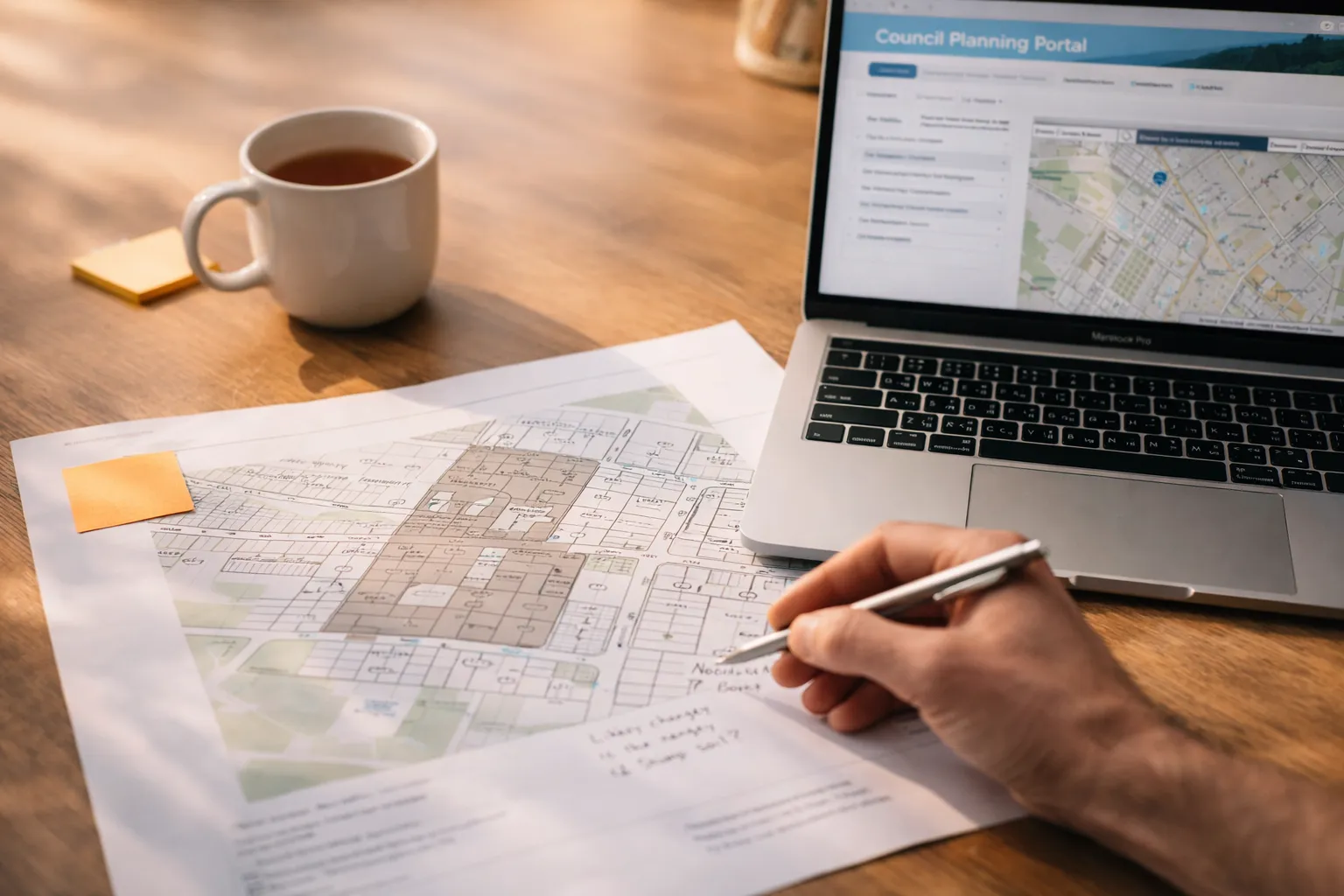 Planning documents and laptop on a kitchen table — researching council requirements