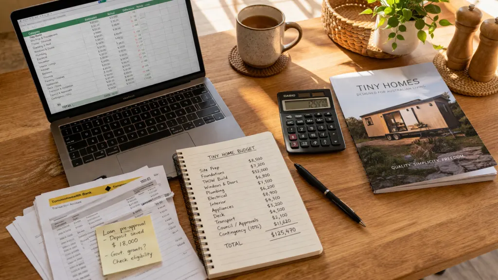 Budget planning for a tiny home — laptop, notepad, and calculator on a kitchen table