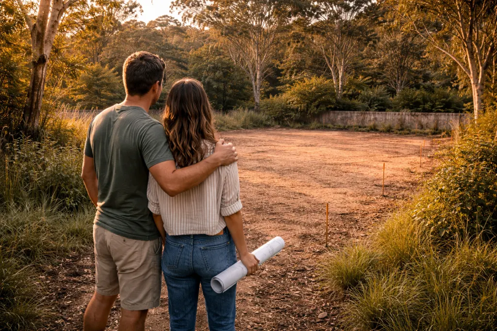 A couple looking out over a cleared Australian block where their tiny home journey begins