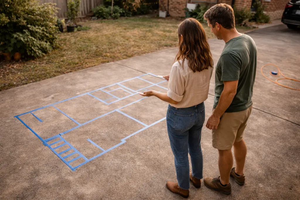 Two people planning a tiny home layout taped out on a driveway