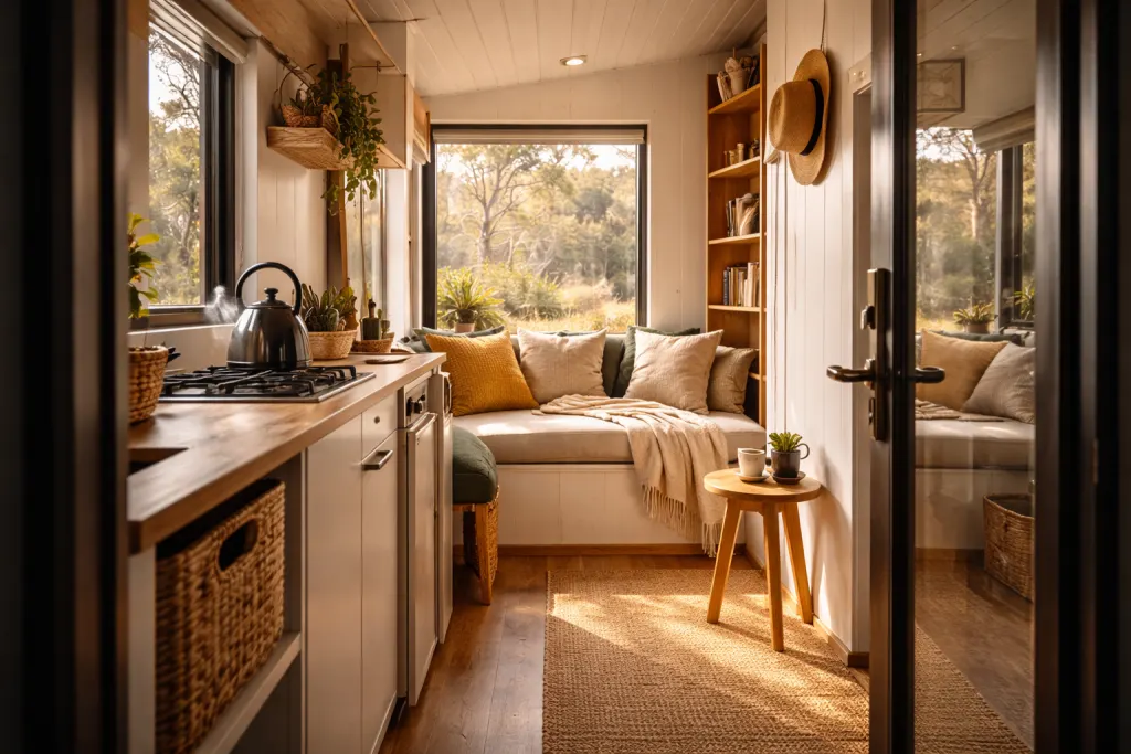 A cosy tiny home interior with morning light and a bushland view through the window
