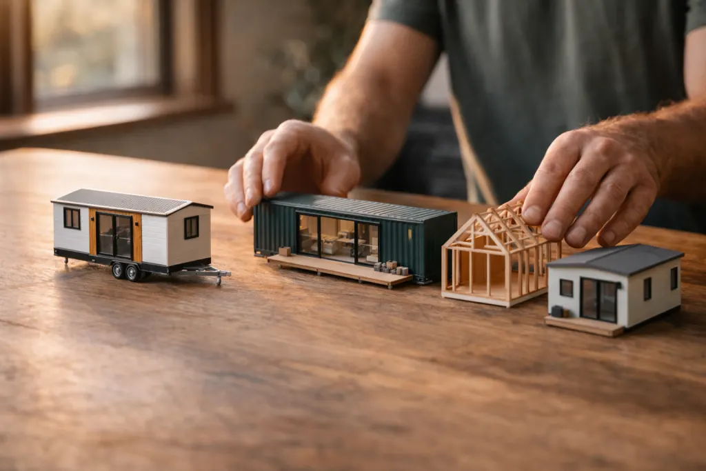 Small architectural models of different tiny home types on a timber table