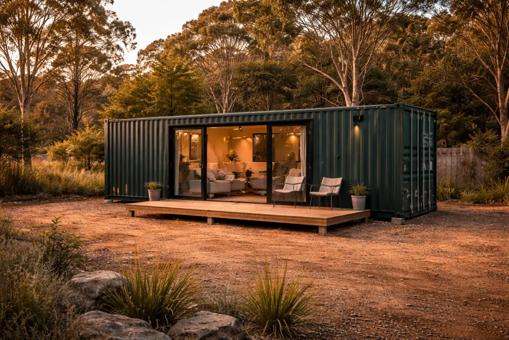 A converted shipping container home in Australian bushland
