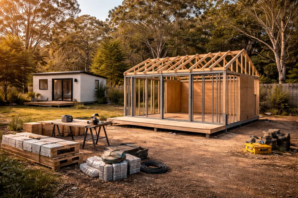A flat-pack tiny home under construction in Australia