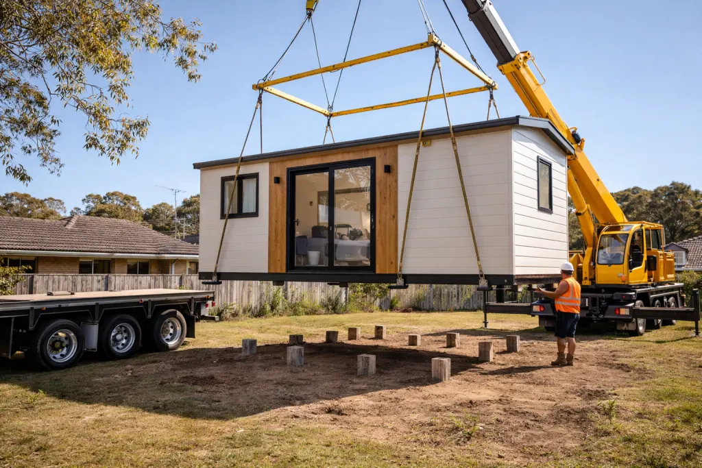 A modular tiny home being installed on an Australian property