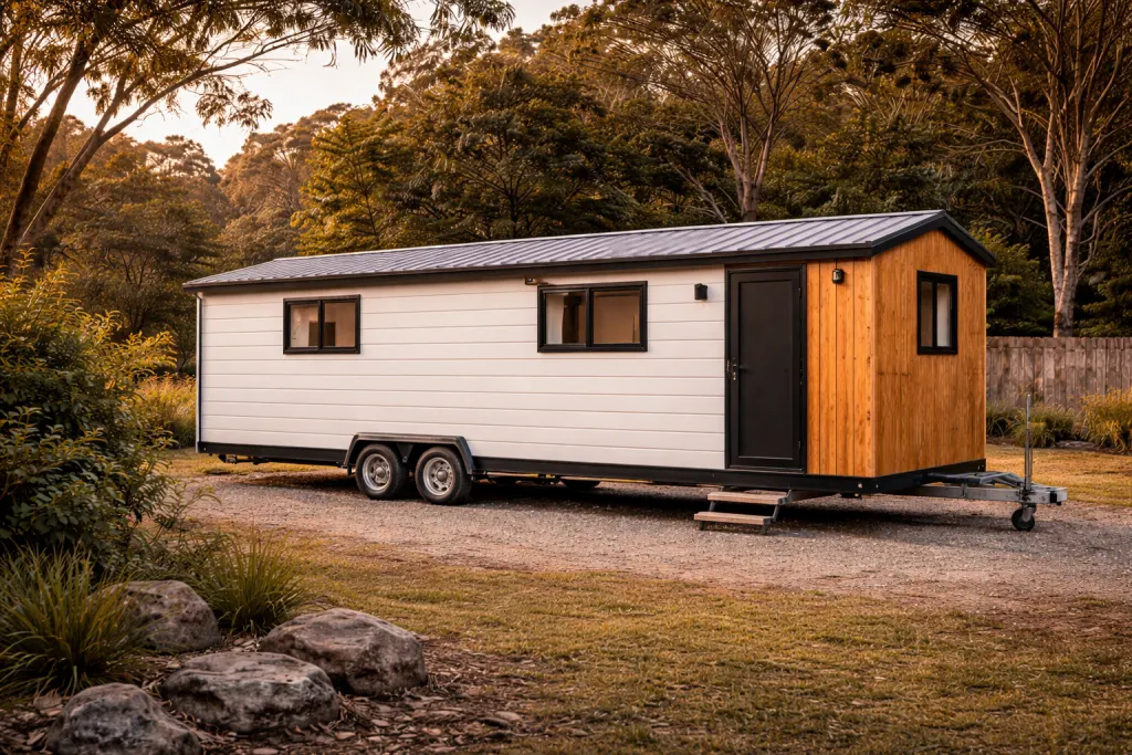 A long, narrow tiny home on wheels on a trailer in the Australian bush